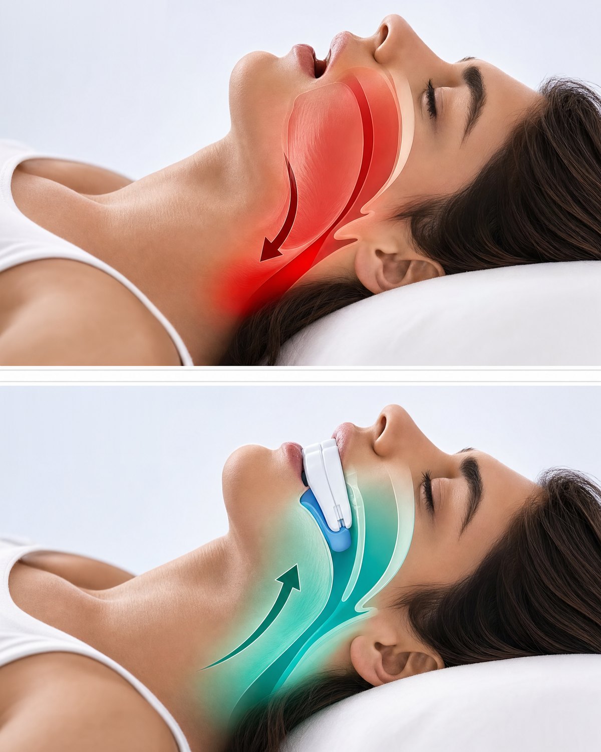 Two stacked panels, before and after: a woman lying on her back in side profile, first without the mouthguard, then with the white-and-blue mouthguard between her lips, with the airway highlighted in each panel.