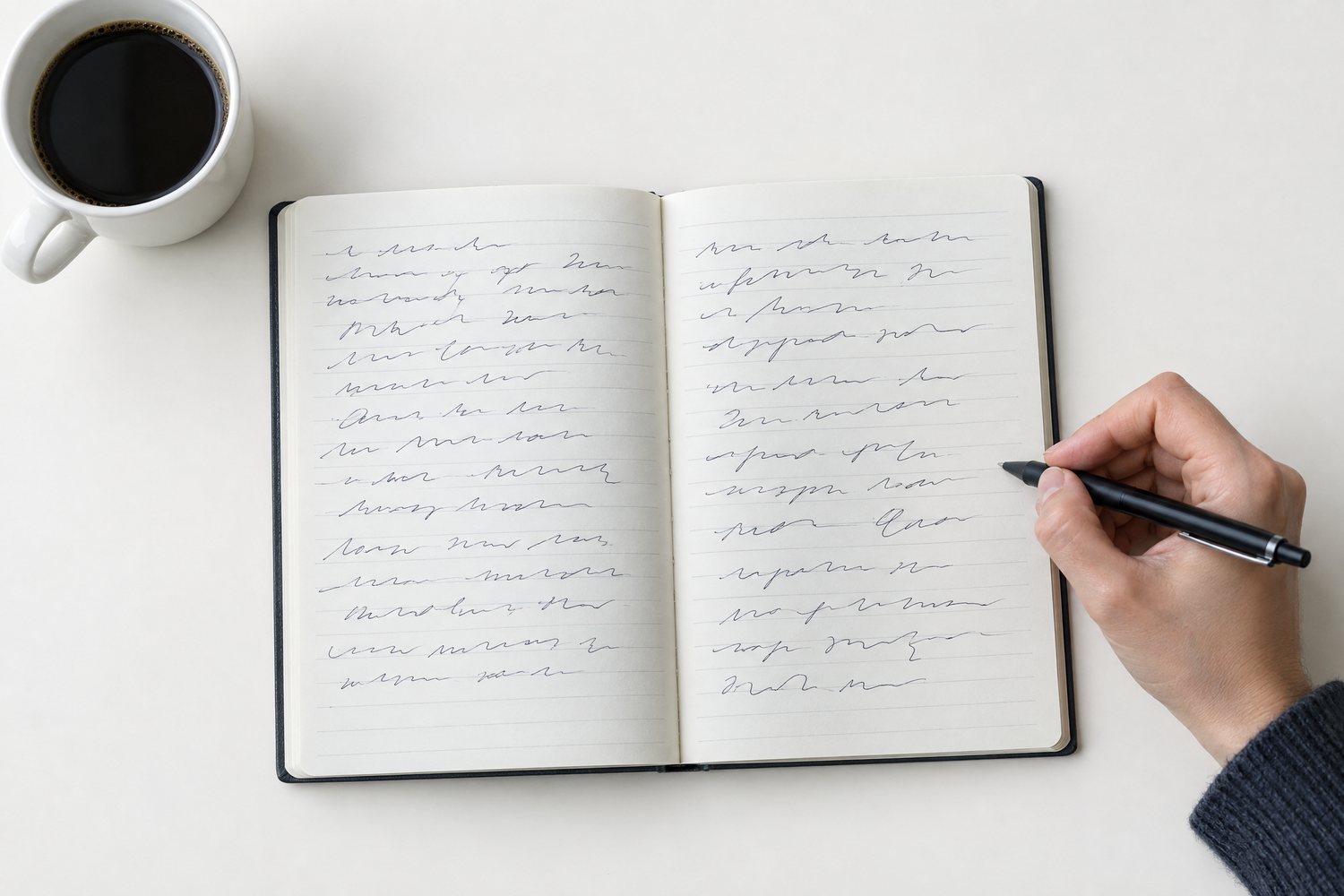 An open notebook with illegible handwriting, a hand holding a pen and a coffee mug on a white desk.
