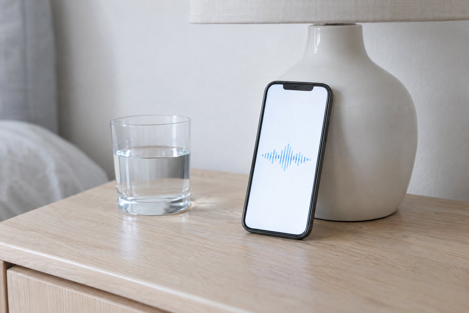A smartphone leaning against a lamp on a bedside table, its screen showing a sound waveform, next to a glass of water.