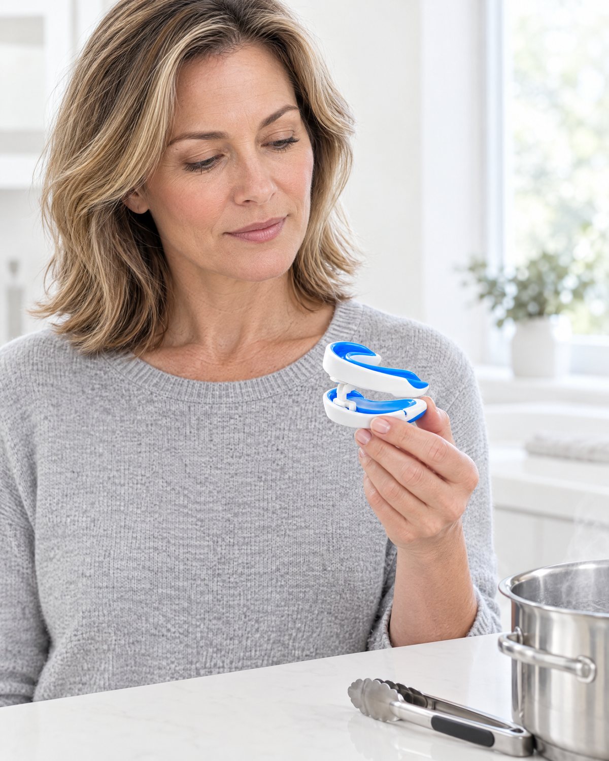 A woman holding the two-tray mouthguard at a bright kitchen counter, with a pot of steaming water and kitchen tongs beside her.