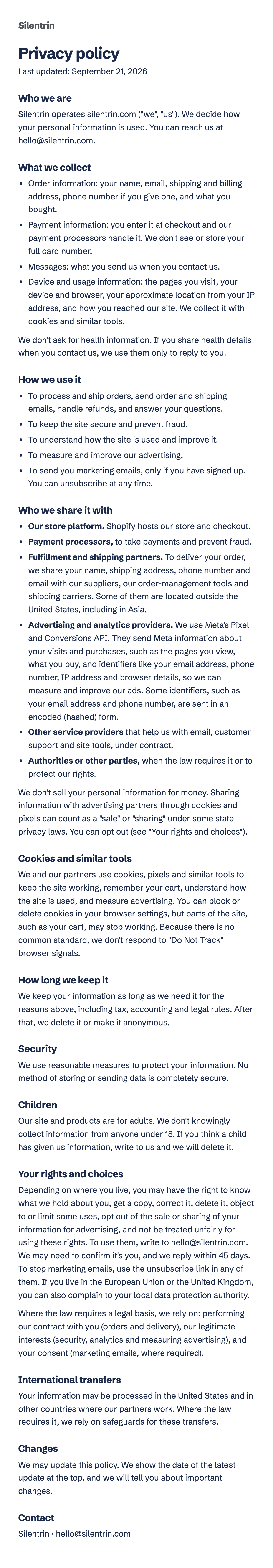 Privacy policy, shown as an image. It explains what personal information we collect, how we use it, who we share it with and the choices you have. For a text version, write to hello@silentrin.com.