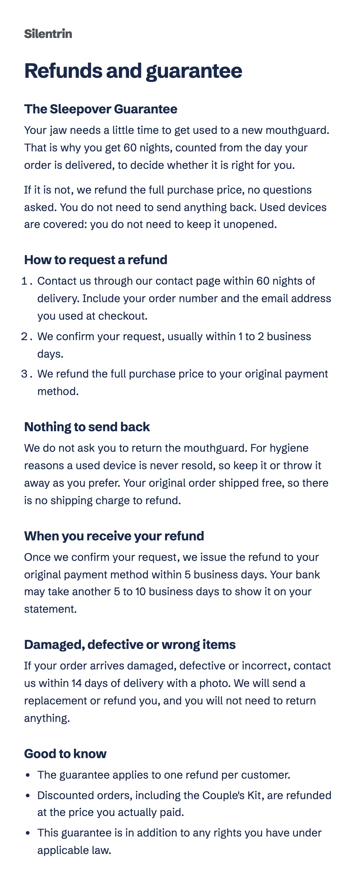 Refunds and guarantee, shown as an image. Summary: 60 nights from delivery, full refund on request, nothing to send back, one refund per customer. For a text version, write to hello@silentrin.com.