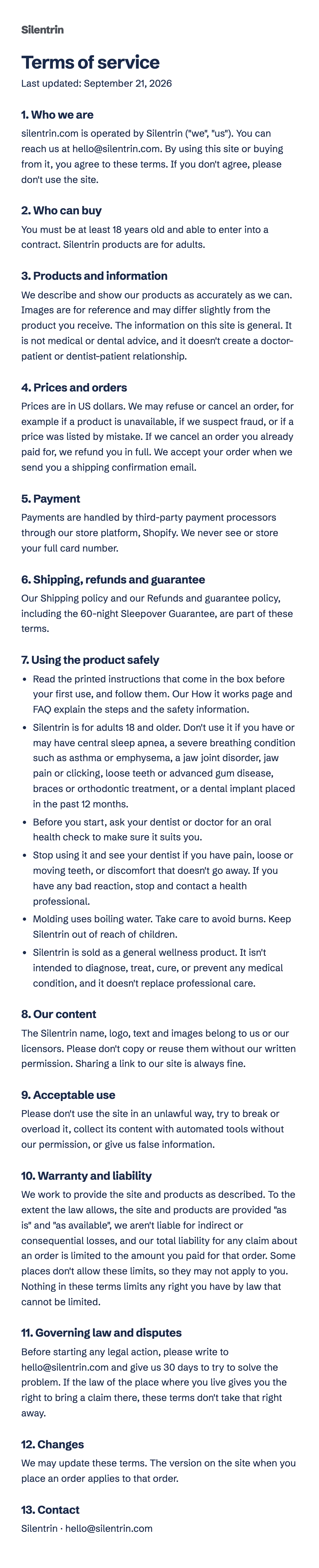 Terms of service, shown as an image. They cover use of the site, orders, safe use of the product, the guarantee and disputes. For a text version, write to hello@silentrin.com.