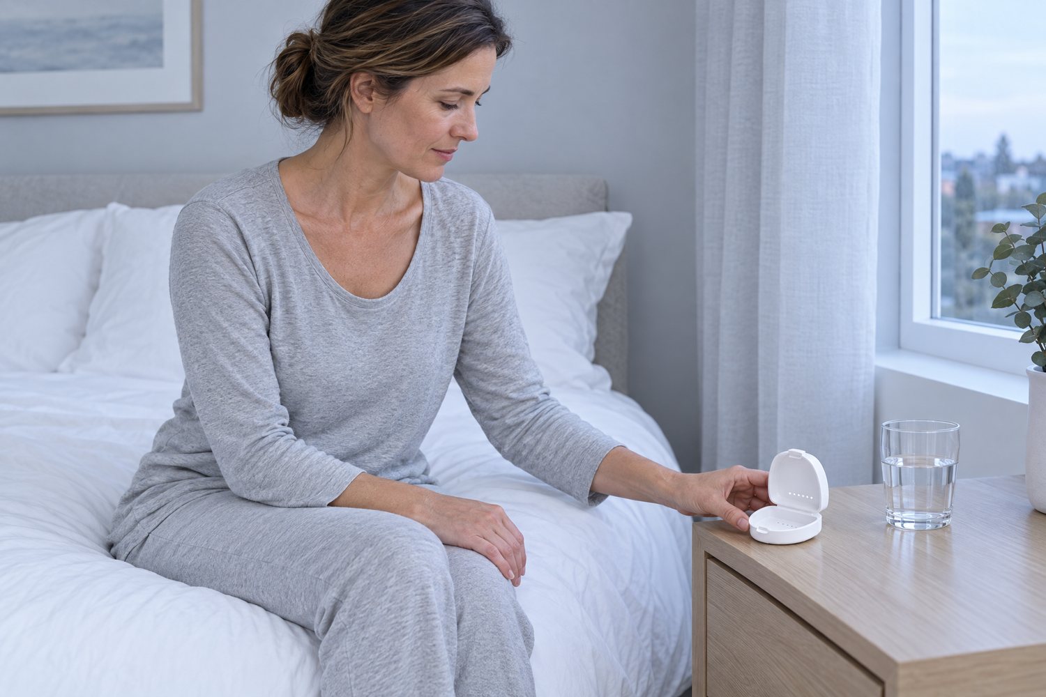 A woman sitting on the edge of a made bed in soft evening light, setting a small white ventilated case on the nightstand next to a glass of water.